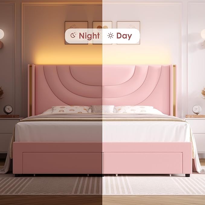 HITHOS Full Upholstered LED Bed Frame with 2 Storage Drawers, Velvet Platform Bed with Wingback Headboard, Solid Wooden Slats Support, No Box Spring Needed, Headboard Splicing Design, Pink
