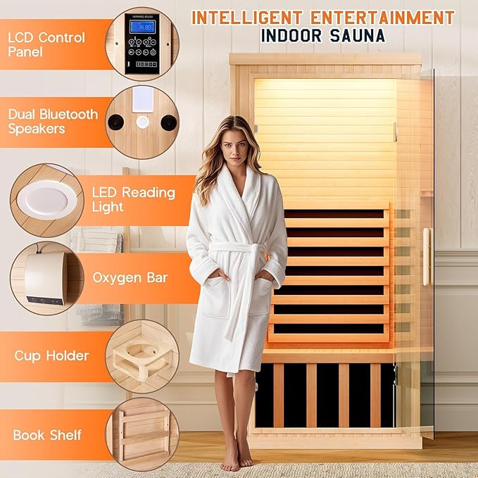 Albott Infrared Sauna 1 Person, Infrared Saunas for Home, 1260W/110V Hemlock Wood Dry Sauna with Foot Warmer, 7-Color Light Therapy, 2 Bluetooth Speakers & LCD Control Panel, 32.3"x32.3"x66.1"