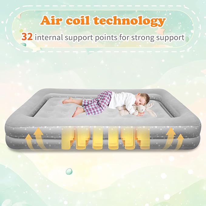 Air Mattress for Kids 4-7 Years - Toddler Travel Bed with Built-in Pump, Sides for Safety, Ultra Soft Plush Surface - Portable Kids Sleeping Pad for Camping, Hotels, Sleepovers & Grandparents' House