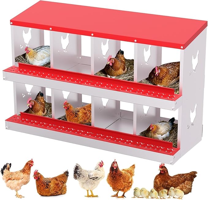 Metal Chicken Nesting Box, 8 Compartments, Rollout Egg Collection, Large Vented Holes, Perch Included, Wall Mount or Free Standing Laying Box for Hens and Chickens - Red
