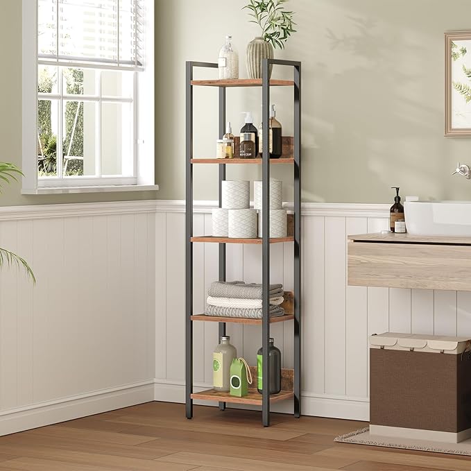 Bookshelf, 5-Tier Bookcase, Standing Book Shelf for Small Space, Storage Shelf Organizer, for Living Room, Bedroom, Study, Balcony, Rustic Brown and Black BKHR5501