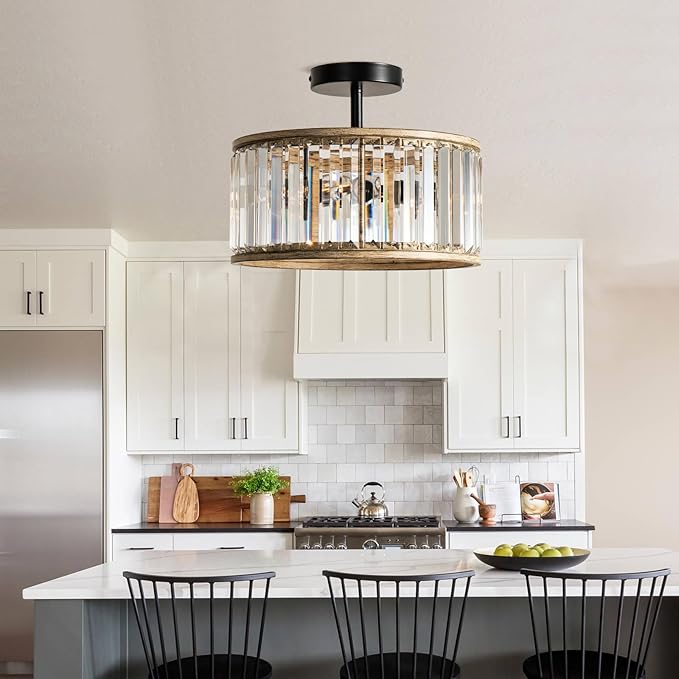Veronie Crystal Ceiling Light Fixture, 3 Light Crystal Semi Flush Mount