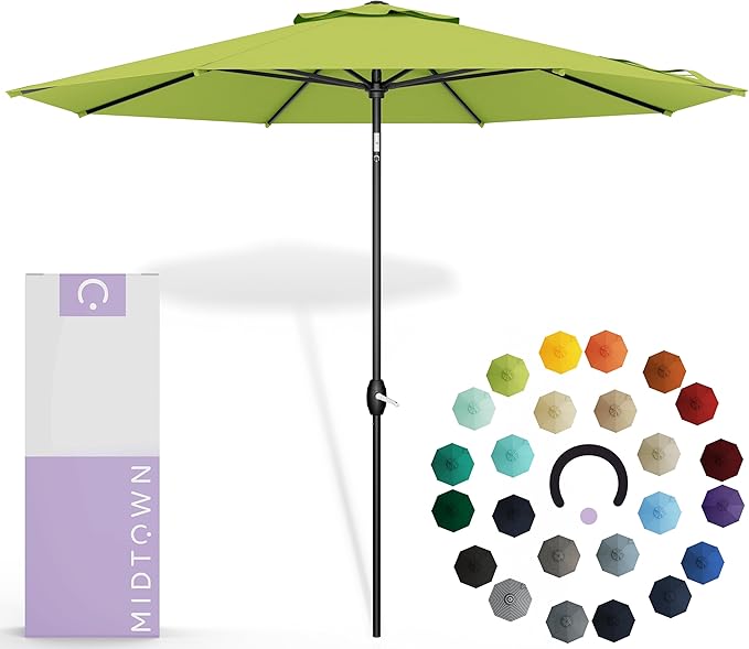 Midtown Umbrellas Sunbrella Umbrella 9 Feet Outdoor Umbrella With Macaw Acrylic Fabric - Auto-Tilt Aluminum Frame Patio Umbrella For Backyard, Deck, Garden, Pool - Black Pole