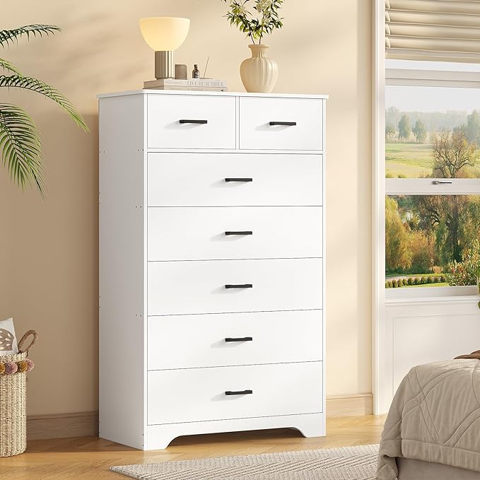 DICTAC White Dresser for Bedroom with 7 Drawers, 55.7" Tall Dressers Chest of Drawers, Modern Large Wood Storage Dresser Organizer with Metal Handle, Vertical Dressers for Bedroom Living Room Nursery