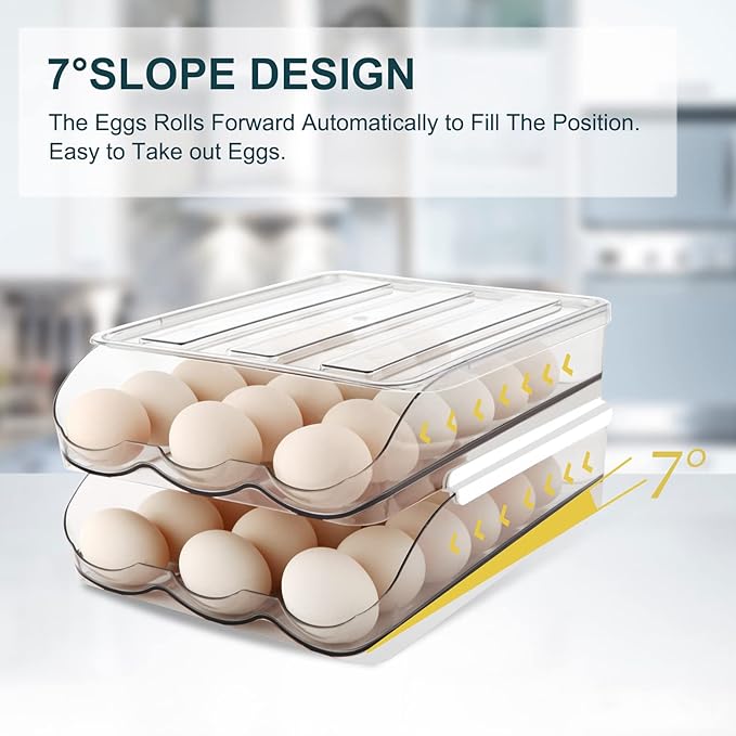 Egg Holder for Fridge, Automatically Rolling Egg Storage Container for Refrigerator,Large Capacity Egg Organizer for Fridge with Lid,Clear Plastic Dispenser, Tray & Bin -2 Layer