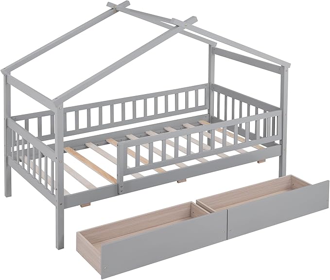 Twin House Bed with 2 Storage Drawers, Kids Twin Bed Frame with Rails and Roof, Tent Bed, Wooden Twin Daybed, Twin Montessori Bed for Kids Teens Girls & Boys, No Box Spring Needed (Gray)