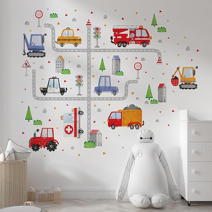 Car Wall Decals by Lipastick - Peel and Stick Transport Road Trucks Stickers for Boys Room, Toddler Bedroom, Baby Nursery, Kids Playroom, Living Room- Removable Decor - L Size