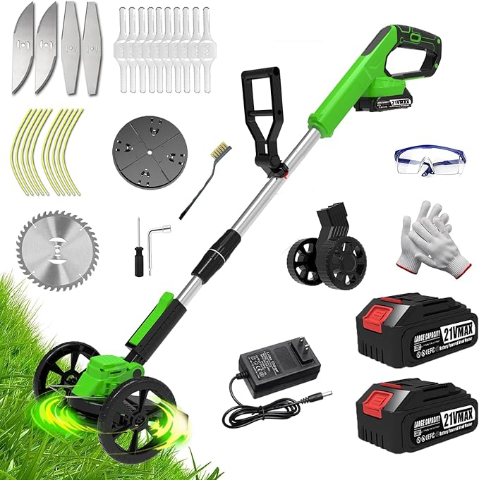 Electric Weed Wacker Battery Powered, Cordless Weed Trimmer with 21V Battery Operated & Charger & Wheels & 25 Blades, No-String Brush Cutter/Lawn Edger/Grass Trimmer for Garden Yard
