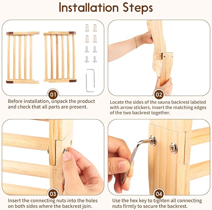 Sauna Backrest Infrared Sauna Accessories Wooden Sauna Back Support with Anti-Slip Rubber S-Shaped Comfortable Back Rest for Any Barrel or Infrared Sauna
