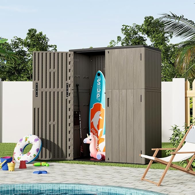 KINYING Outdoor Vertical Storage Shed,57 Cu.ft Outdoor Storage Cabinet Waterproof,Resin Sheds & Outdoor Storage Clearance for Garden,Patio,Backyard,Lockable (Brown)