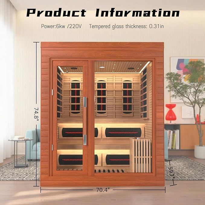 Indoor Luxury Cabin Sauna – Dual System Dry & Wet, Canadian Hemlock, Full Spectrum Infrared Heating, 4-5 People, 220V, 6KW Harvia Stove, Seven-Color Ambient Light, 8mm Tempered Glass