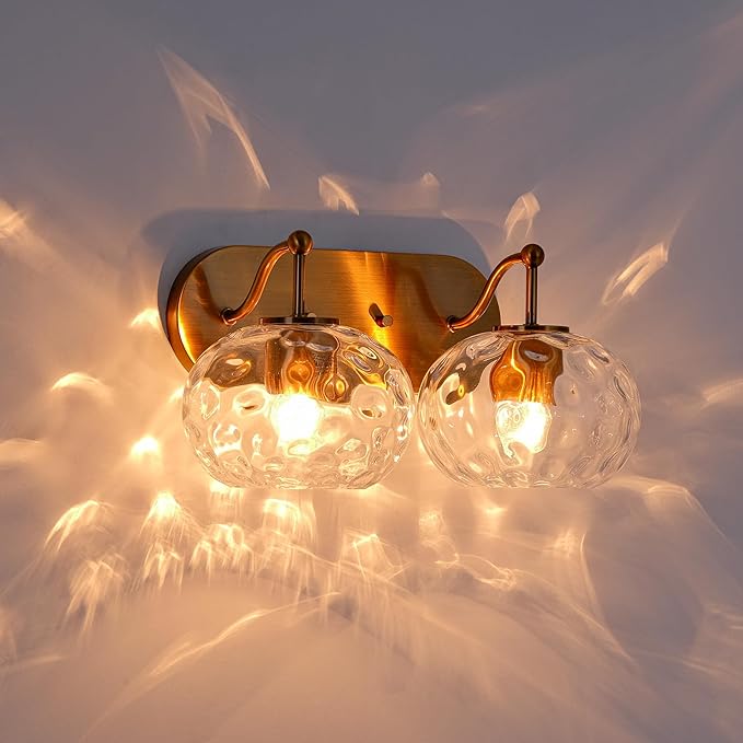 Brushed Gold Vanity Light Clear Hammered Glass Wall Sconce 2-Light Brass Wall