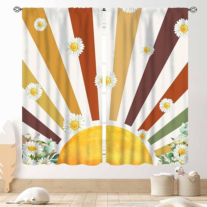 Boho Rainbow Curtains, Watercolor Bohemian Modern Abstract Daisy Floral Abstract Aesthetic Rainbow Blackout Window Treatments for Kids Girls Baby Bedroom Living Room Bathroom 2 Panels, 42"x54" Inch