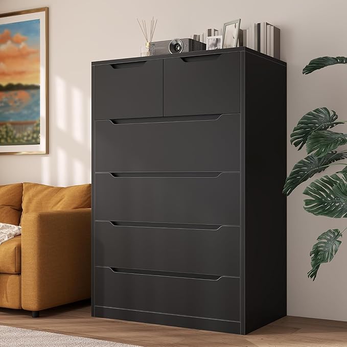 6 Drawer Dresser for Bedrom,Tall Black Chest of Drawers for Bedroom, Hallway, Modern 43.2" H X 27.6" W X15.6 D