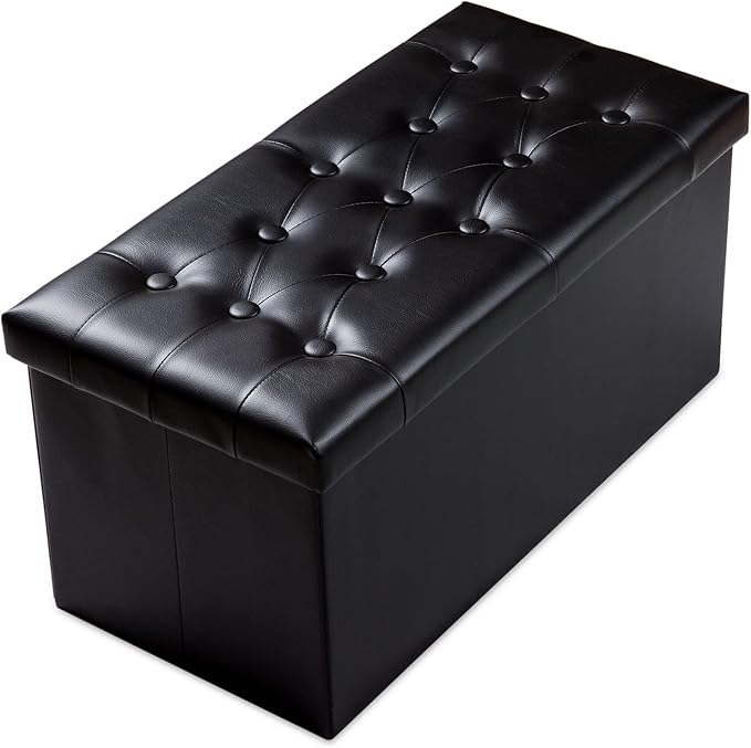 PRANDOM Extra Large Ottoman with Storage [1-Pack] Faux Leather Folding Small Square Foot Stool with Lid for Living Room Bedroom Coffee Table Dorm Black 30.5x15x15 inches