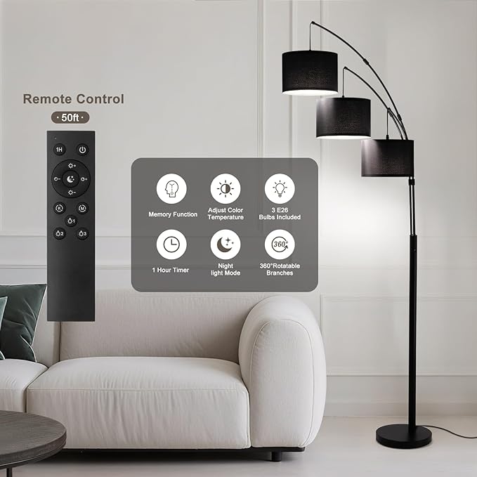 Floor lamp with Remote, 3 Light Arc Floor Lamps