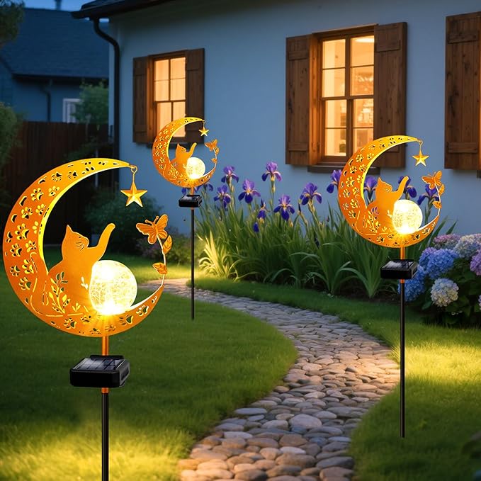 YJFWAL Garden Solar Cat Lights Pathway Stake Lights Glass Globe with Moon Cat Decor, Gifts for Mom Grandma Friends, Outdoor Decor Light Waterproof for Walkway, Yard, Patio or Garden (Warm White)
