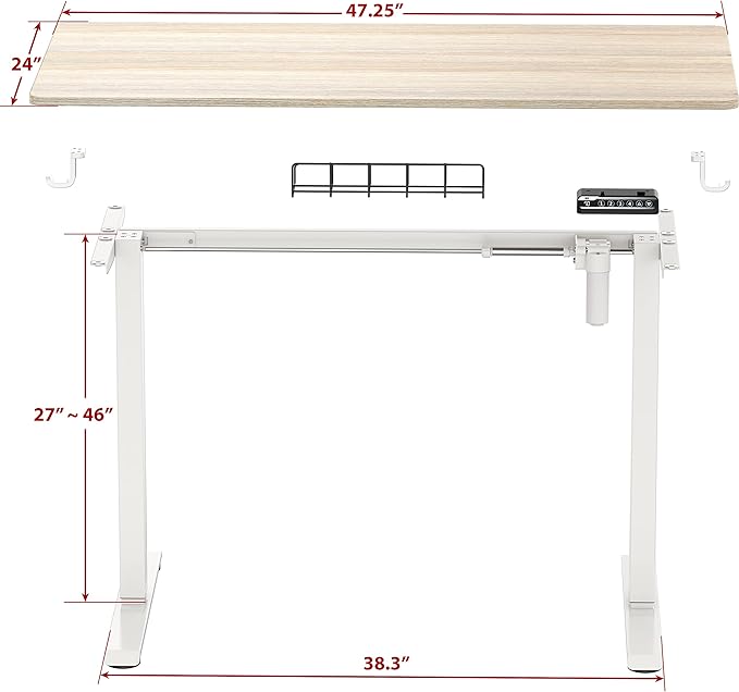 SHW 48-Inch Electric Height Adjustable Sit to Stand Desk with Hanging Hooks and Cable Management, White Frame and Maple Top
