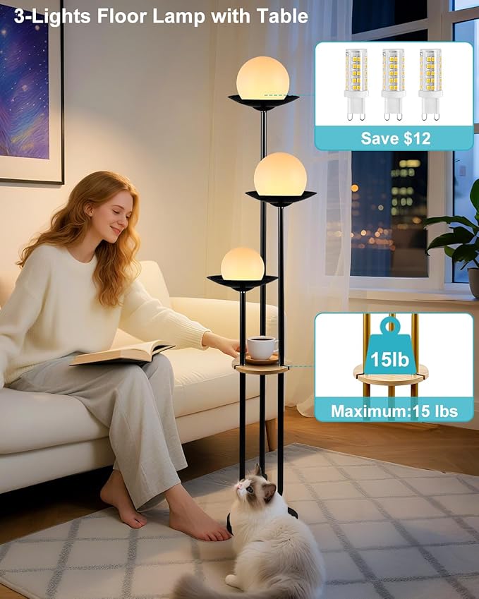 63IN Globe Floor Lamp with Table, 3-Lights Modern Dimmable Floor Lamps with
