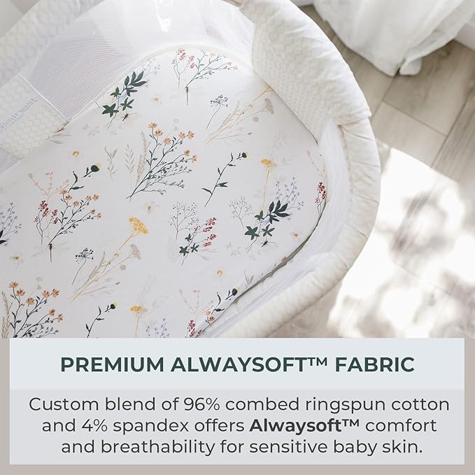 Pobibaby - 2 Pack Premium Bassinet Sheets for Standard Bassinets - Ultra-Soft Jersey Knit, Stylish Floral Pattern, Safe and Snug for Baby (Wildflower)