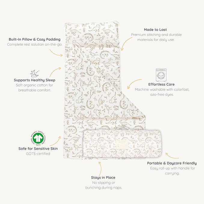 Makemake Organics GOTS Certified Organic Cotton Nap Mat with Detachable Pillow for Kids Soft Sleeping Bag for Toddlers, Boys, Girls - Ideal for Daycare, Preschool, Kindergarten