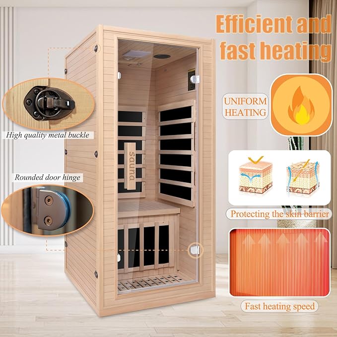 Infrared Home Sauna Room 1 Person Hemlock Wooden Indoor Dry Sauna，Low EMF 1200W/110V Heaters Panels,LCD Control Panel,10 Minutes Pre-Warm up,Time and Temp Pre-Set,1-Year Aftersale