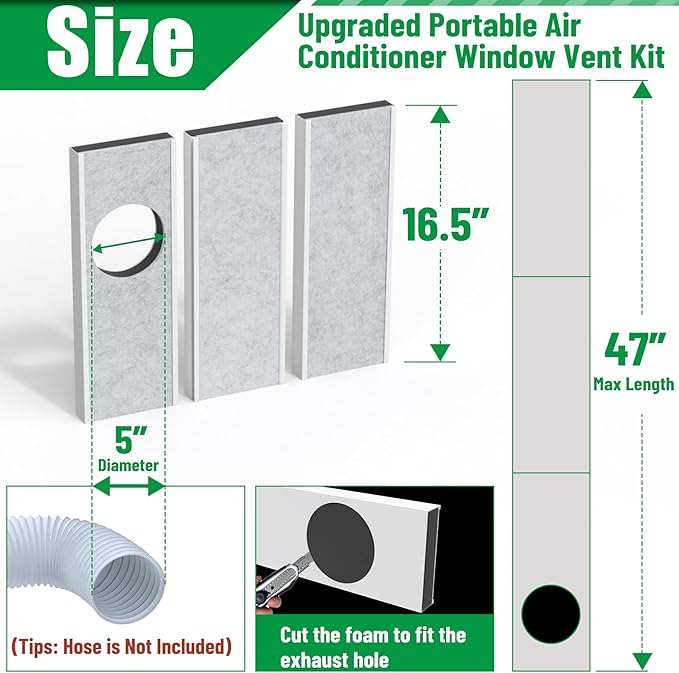 Forestchill Portable Air Conditioner Window Vent Kit with Insulation Foam Panels, Adjustable AC Vent Seal Kit with Mesh Guard for 5" Diameter Exhaust Hose, Insulates Heat & Reduces Noise from Outside