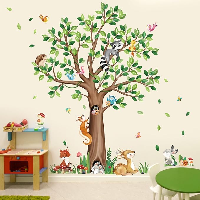 decalmile Woodland Animals Large Tree Wall Stickers Bear Fox Deer Wall Decals Baby Nursery Kids Bedroom Toddler Room Wall Decor (H:135cm/53Inches)