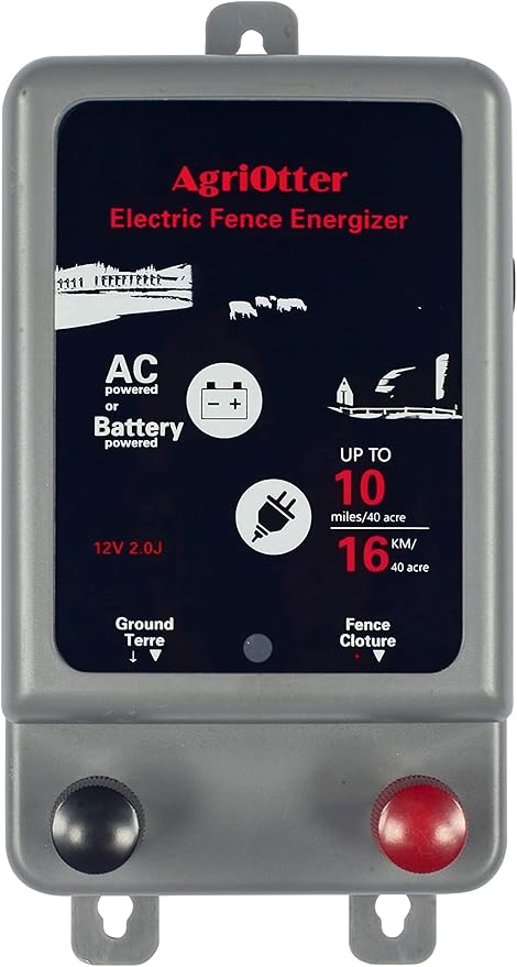 Electric Fence Energizer 40 Acre 10 Miles 2 in 1 Powered by Battery or AC Outlet 12000V 2J Pulse Electric