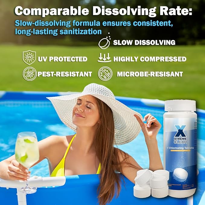 XtremeClear 1" Chlorine Tabs Swimming Pool Hot Tub & Spa Eliminate Bacteria & Algae Sanitizer Makes Water Clean & Crystal Clear Slow Dissolving 1.5lbs