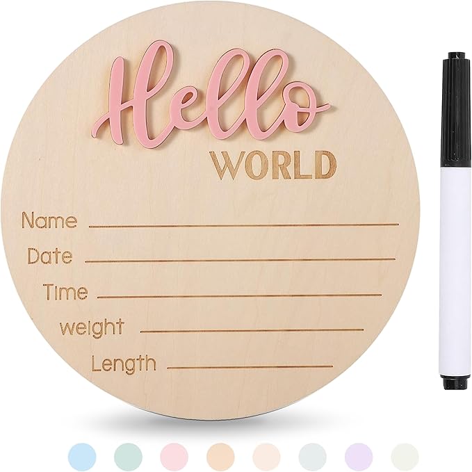Baby Announcement Sign with Pen, 5.9 Inch Wooden Hello World Newborn Sign for Hospital, 3D Birth Announcement Board, Welcome Baby Name Signs for Nursery, Newborn Gift for Boy & Girl,Pink