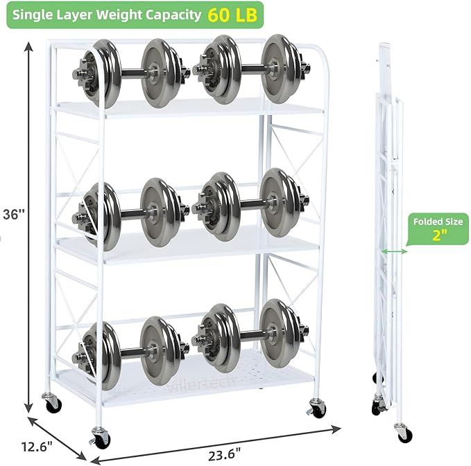 Foldable 3-Tier Metal Shelf with Wheels - Folding Bookshelf Unit for Living Room, Kitchen, Study 12.6" D x 23.6" W x 33.8" H, Glossy White