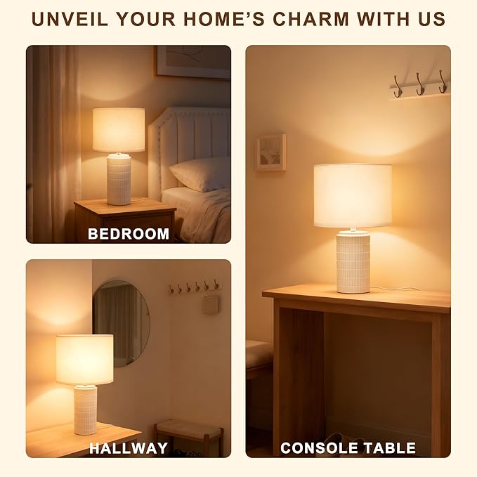 20-inch Modern Ceramic Table Lamp, Farmhouse White Bedside Lamp