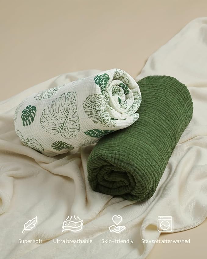 Blissful Diary Muslin Mini Crib Sheets, Pack and Play Mattress Sheets Fitted for Pack N Play, Soft Cotton for Boys Girls, 2 Pack(Monstera&Dark Green)