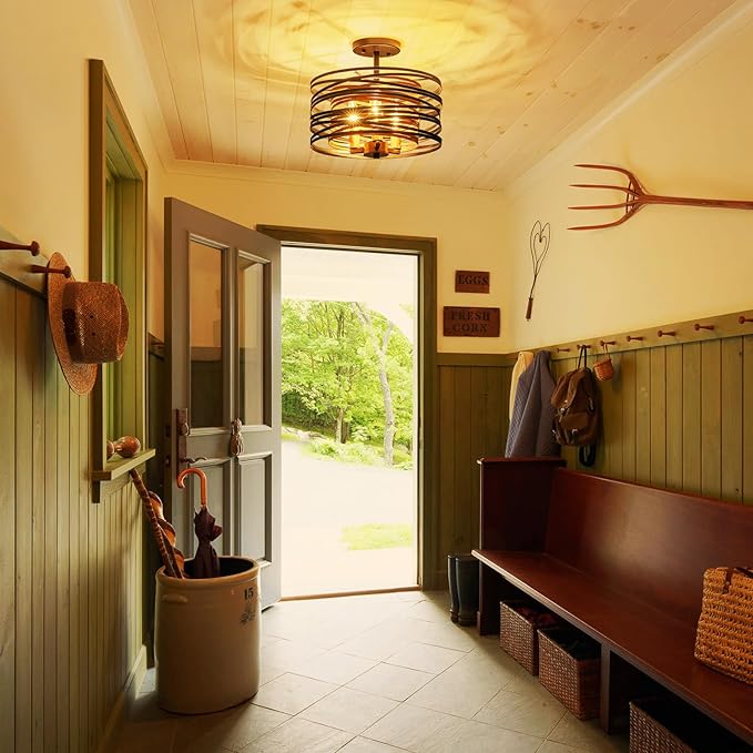 3-Lights Farmhouse Ceiling Light Fixture, Rustic Close to Ceiling