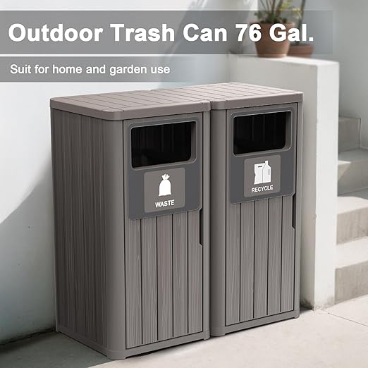 ROJIK 35" Tall Outdoor Trash Can,Weatherproof Resin Garbage Indoor Durable Lightweight,Suitable for Patio Office Kitchen,Easy to Clean,Assemble(Waste&Recycle,Grey)