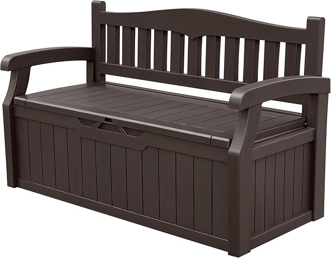 Devoko 80 Gallon Storage Bench Deck Box Lockable for Patio Furniture, Garden Decor and Outdoor Seating for Cushions, Garden Tools and Pool Supplies(Dark Brown)