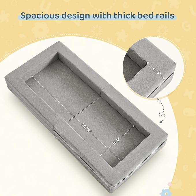 Travel Toddler Bed, 3-in-1 Convertible Sofa Bed for Toddler Portable Floor Beds, Flip Open Sofa Lounger for Girls and Boys, Made with High-Density Foam and Washable Cover,Ash