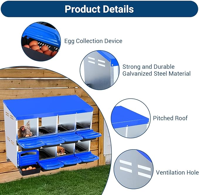 Two-Tier Chicken Nesting Box, 8 Hole Metal Chicken Egg Laying Box with Swing Perch and Rollout Egg Collection Applicable to Coops and Duck Houses Blue.