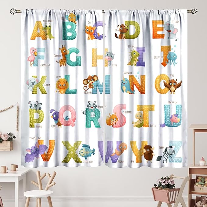 Kids Alphabet Curtains Educational Baby Cartoon Animals Colorful Cute Curtain with Rod Pocket for Nursery Living Room Home Decor Drapes Window Treatments 2 Panels Set 84x84in