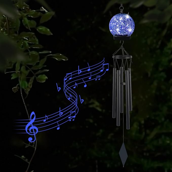 Garden Wind Chimes Outdoor, Solar Hanging Glass Ball Wind Chimes with 15 Blue LEDs 42 Inch Large with Unique Memorial Sympathy Wind Chime Outside Garden Decor as a Gift for Patio, Porch, Balcony