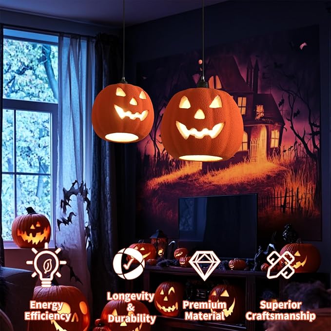 JAYMP Halloween Light Up Pumpkin Pendant Light, Jack O Lantern, Living Dining