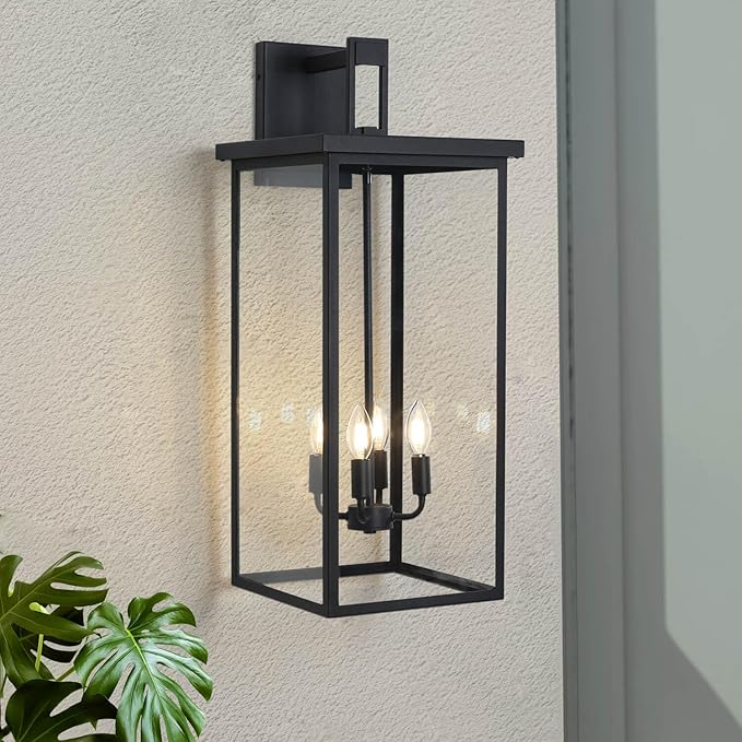 tewei 30In Large Size Square Outdoor Wall Lantern, Modern Black Outside Light