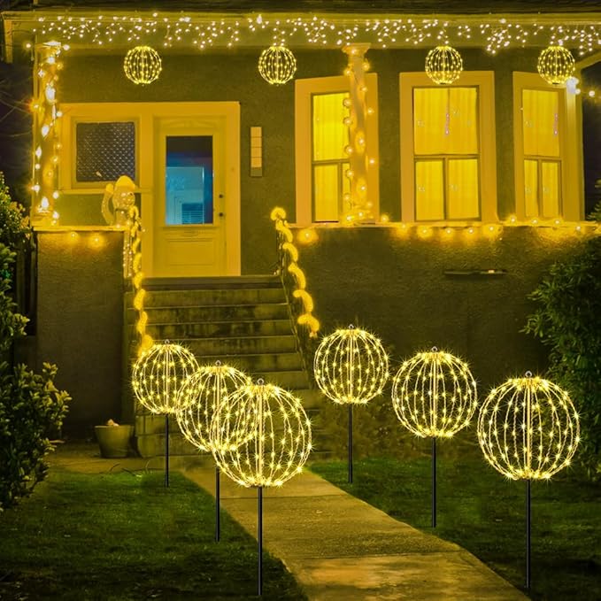 LIGHTSHARE 12IN 96LED Light Ball Yard Decoration Pathway Lights Sphere Light with Fold Flat Metal Frame Indoor Outdoor Waterproof Garden Lights, Plug in