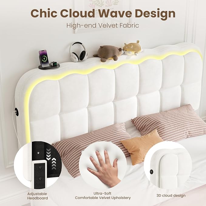 Queen Size Bed Frame with 4 Storage Drawers and LED, Adjustable Clouds Headborad,Velvet Upholstered Platform Queen Bed Frame with Charing Station,Wood Slats Support, No Box Spring Needed,White