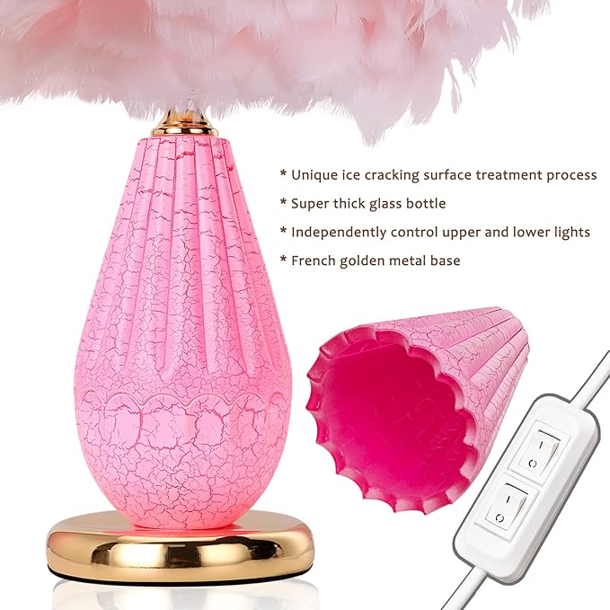 Feather Table Lamp with Cracked Ice Glass Bottle & Gold Base, 2 Separate Lights