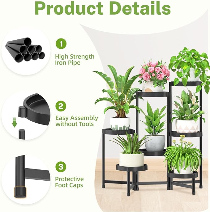 iDavosic.ly 7 Tier Folding Plant Stand Indoor Outdoor with Plastic Tray, Tiered Corner Flower Holder Shelf, Metal Orchid Display Rack for Patio Porch Living Room Garden Balcony, Modern Black