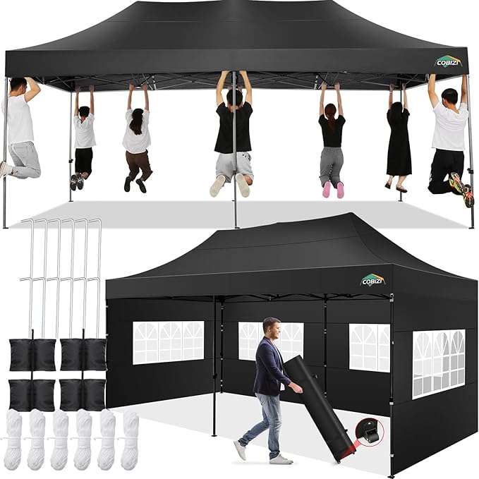 COBIZI 10x20 Pop up Canopy Tent 10x20 Canopy with 6 Sidewalls Waterproof Heavy Duty Commercial Canopy Tent for Parties Outdoor Tent Garden Gazebo Tent, Carry Bag with Wheel(10x20ft, Black)