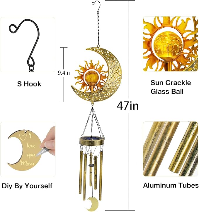 JYPS Sun Moon Solar Wind Chimes, 47-Inch Large Waterproof Windchimes