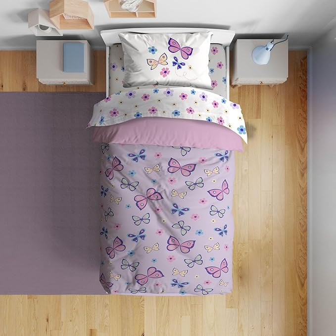 Sunny Side Up Butterfly Toddler Comforter Set - 4 Piece Toddler Bedding Includes Comforter, Sheets & Pillow Cover – Super Soft Purple Floral Microfiber Bed Set
